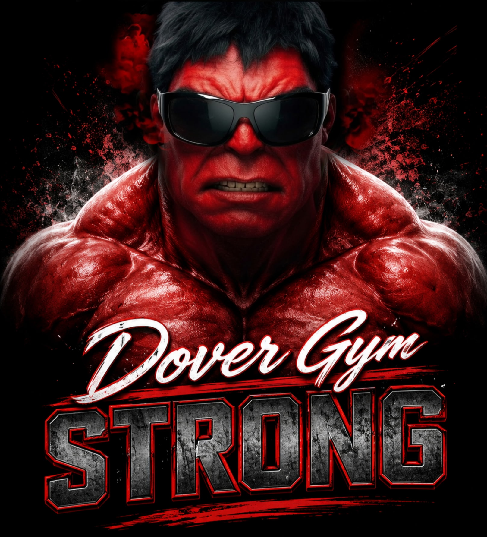 Dover Gym Strong red muscle beast wearing sunglasses